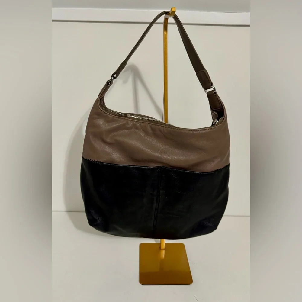 Authentic Brighton Brant Hobo Bag Black and Mink Leather‎ With Decorative Tassel